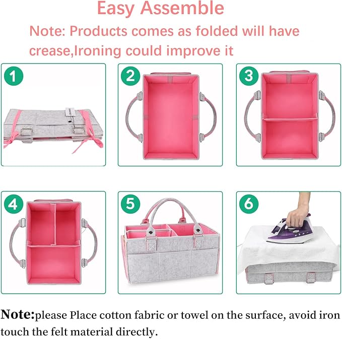 XUANGUO Large Felt Baby Diaper Caddy Organizer with Handles for Girls, Pink | Nursery storage bin and basket; portable tote bag for changing table or car, baby shower gifts and newborn essentials. - Image 6