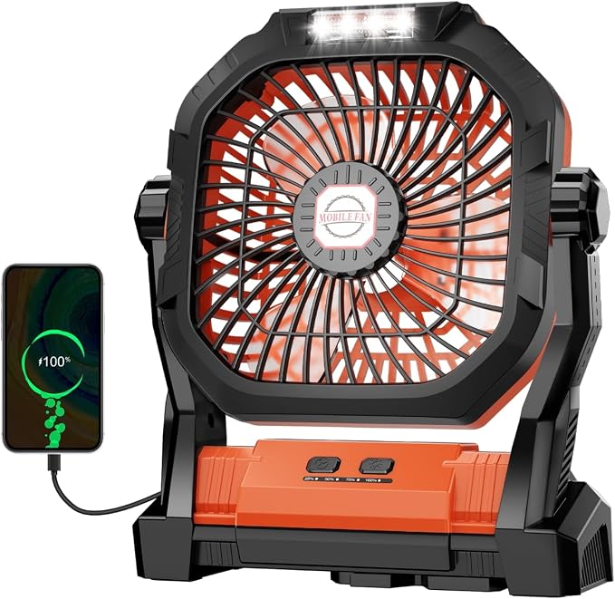 Camping Fan Rechargeable, 20000mAh Battery Powered Portable Fan with LED Light, 4-Speed 180° Adjustable, Camping Essentials for Tent, Travel, Car, Outdoor, Indoor, BBQ, Fishing, Jobsite - Orange by Unknown