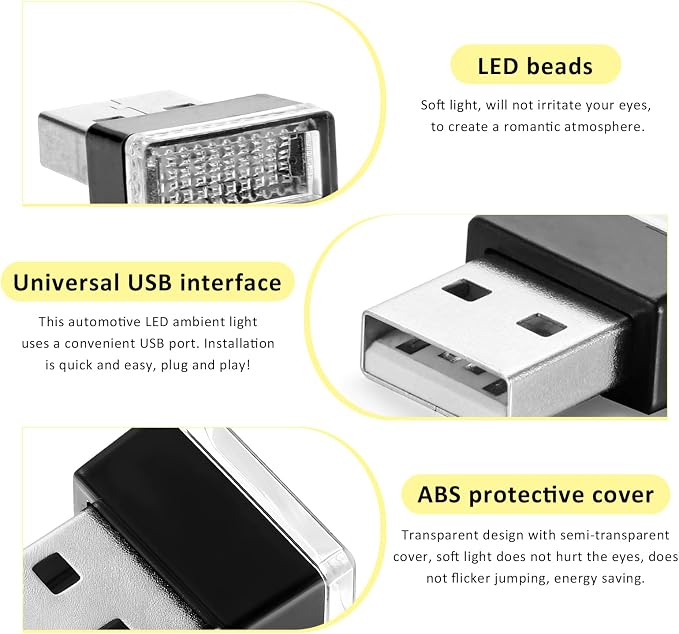 6PCS USB LED Car Interior Atmosphere Lamp, Plug-in USB Interface LED Night Lighting Decoration, Mini Portable Ambient Lights Kit Universal Interior Accessories for Most Cars - Image 3