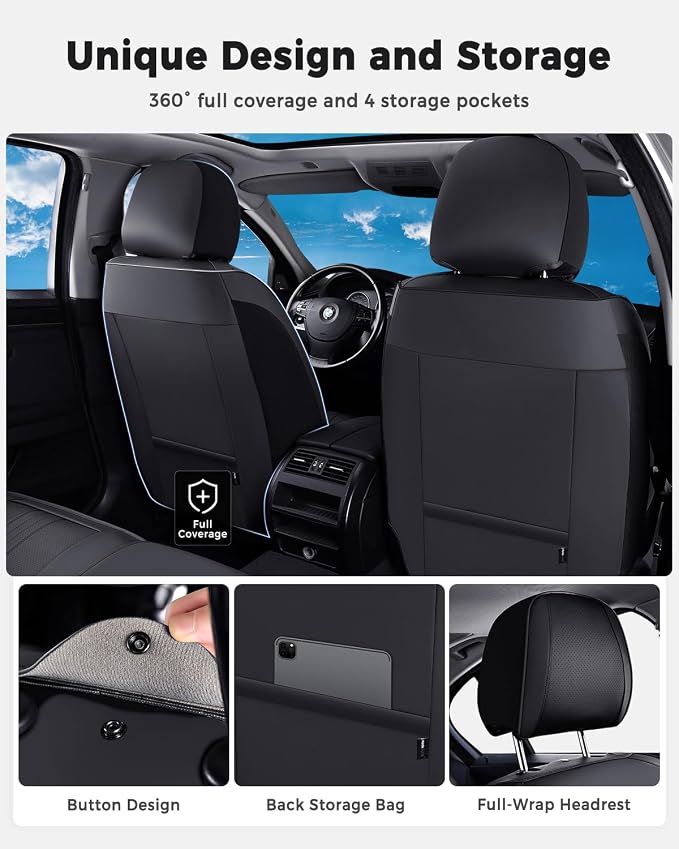Huidasource Seat Covers, Luxury Faux Leather Car Seat Cover, Velcro Adjustable, with Airbags, Seat Belts, Thinning Design Perforation Cooling Heating Universal Fit for Most Cars Vans Trucks SUVs Black - Image 5