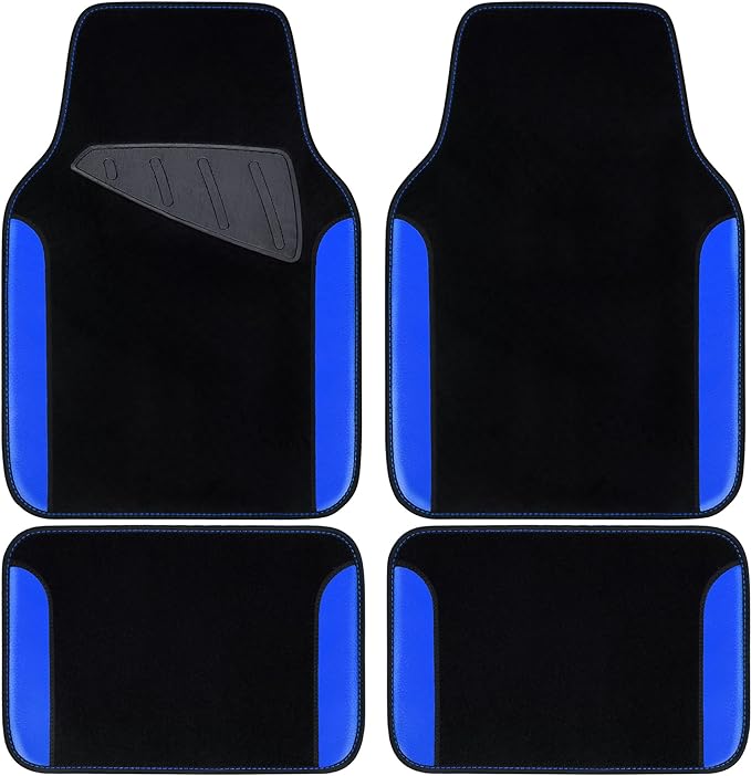 CAR PASS Rainbow Waterproof Universal Fit Faux Leather Car Carpet- Anti-Slip Nibbed Backing Floor Mats for SUV, Vans, Sedans, Trucks, Automotive Set of 4pcs (Black with Blue) by CARPASS