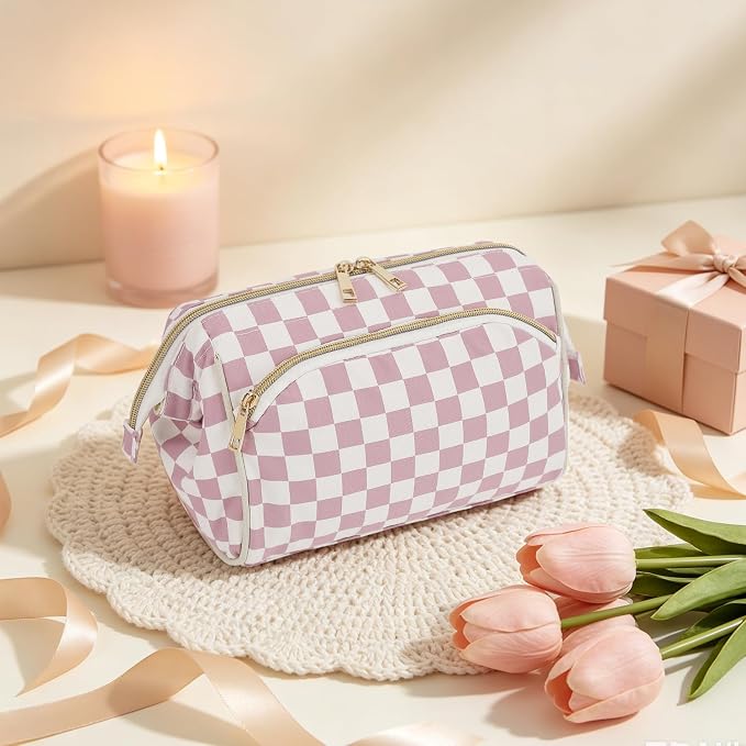 Fammart Travel Makeup Bag for Women, Waterproof Checkered Cosmetic Cosmetic Bag Make Up Organizer Case, Large Wide-open Toiletry Bag for Skincare, Brushes, Bathroom & Travel Essentials - Image 8