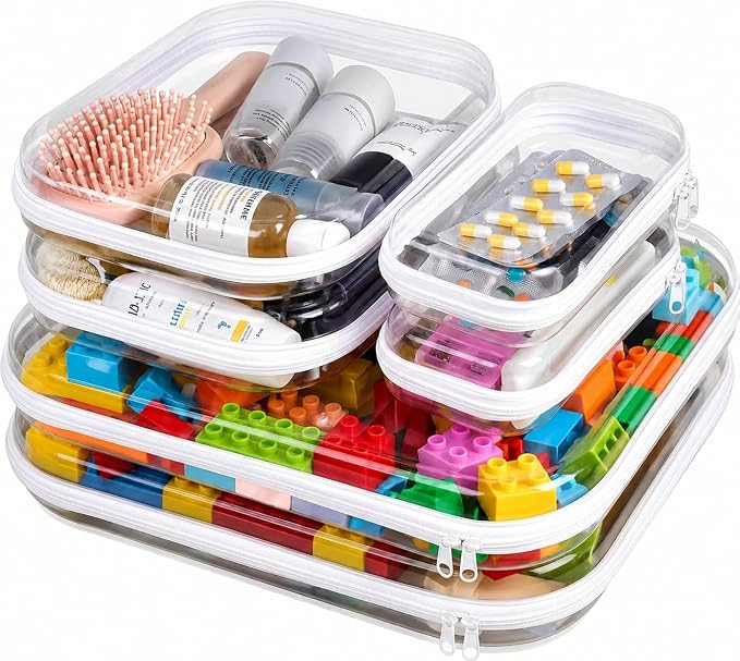 6 Pack Clear Hard Shell Zipper Case, See-Through Hard Plastic Organizer Pouches Zipper for Travel - Toiletries, Electronics, Pencils, Makeup, Secure Storage Design, 3 Sizes (2 Small/2 Medium/2 Large) by Unknown