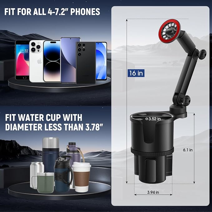 Magnetic Car Cup Holder with Phone Holder, 360° Rotating Cup Holder Expander Phone Holder, N52 Magnets Universal Car Mount with Adjustable Base for iPhone Samsung All Smartphones - Image 3