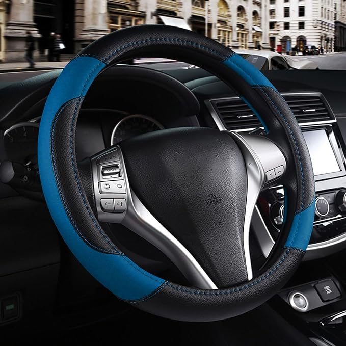 Leather Car Steering Wheel Cover, Universal Fit for Most Cars, Blue-2 | Microfiber Leather,Non-Slip Breathable Auto Steering Wheel Protector by Szttswamp