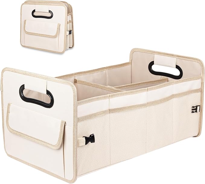 Car Trunk Organizer, Collapsible Car Organizers and Storage Large Beige | Sturdy, Strong Capacity, Clean Decor, Multi Compartment Container Box, Adjustable Car Accessories for SUV Sedan Truck by JiatuA