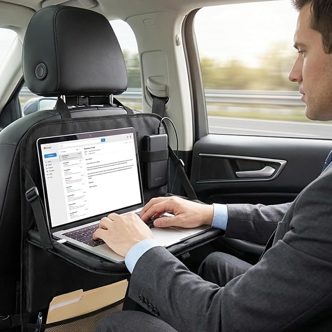 Backseat Car Organizer with Upgraded Foldable Tray Table, Oxford Cloth Car Seat Back Storage Organizer, Tablet Tray and Seat Protector Kick Mat, Includes 2 Hooks - Image 7