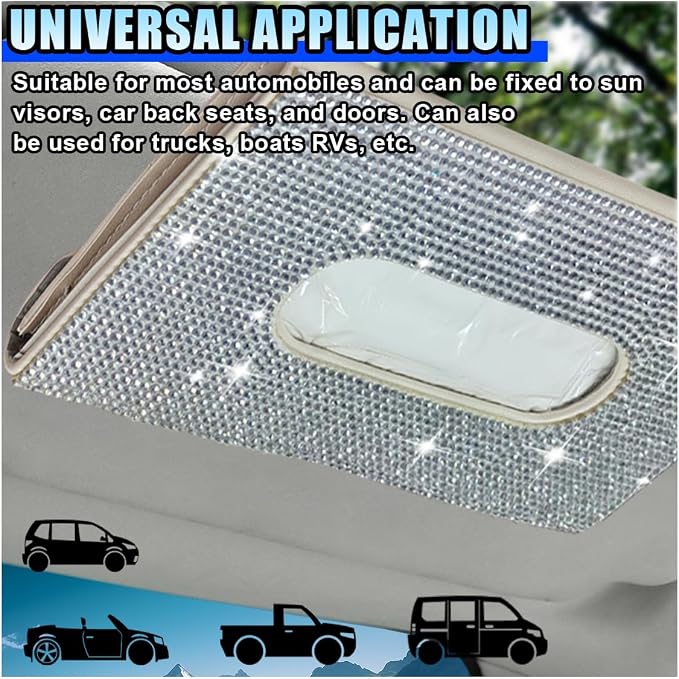 Bling Car Sun Visor Tissue Box Holder, PU Leather Auto Paper Towel Cover, Glitter Crystal Rhinestone Napkin Holder, Car Decoration Accessories for Women (Beige/White) - Image 3