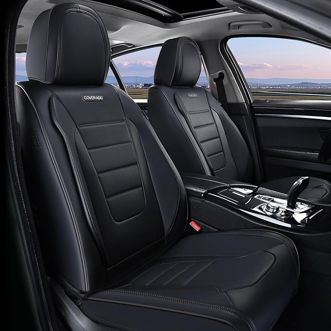 Coverado Seat Covers, Car Seat Covers Front Seats, Car Seat Protector Waterproof, Car Seat Cover, Car Seat Cushion Nappa Leather, Black Seat Covers for Cars Carseat Cover Universal Fit for Most Cars by COVERADOAUTO