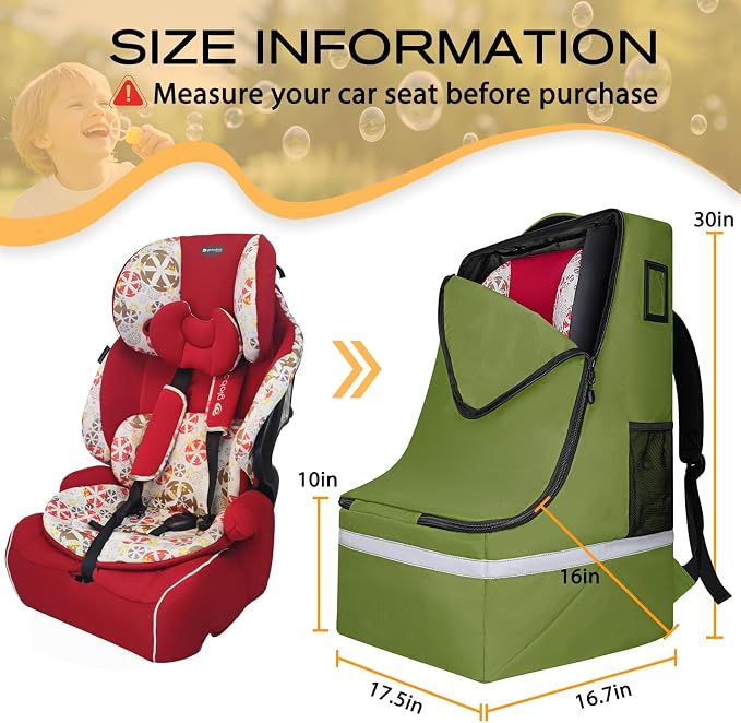 LARIPOP Car Seat Travel Bag for Airplane, Universal Gate Check Car Seat Bag, Padded Backpack with Waist Belt, Reflective Strips & Protective Feet, Fits Infant Convertible Booster Seats, Green - Image 2