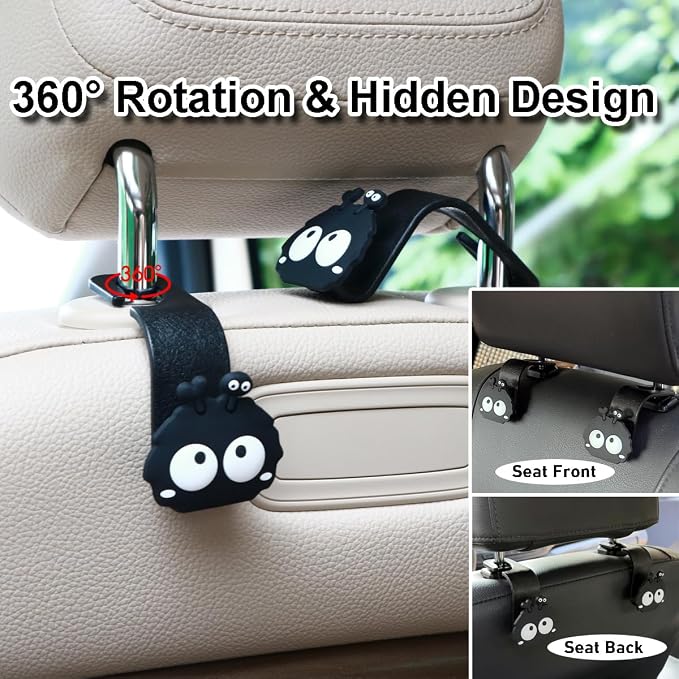 Car Hooks for Purses and Bags Cute Soot Sprite, 2 Pack Black | 360° Rotation, 44LBS Heavy Duty, Universal Car Hooks for Headrest, Cute Car Accessories - Image 2