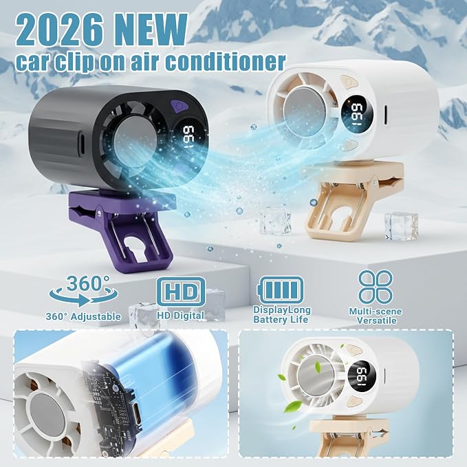 Car Clip on Air Conditioner Fan with LED Display Cooling Fan 360 Rotation & 199 Speeds with Semi Technology 3-Speed Silent Bladeless for Cars Hands Free Clip on Fan for Work Camping - Image 3