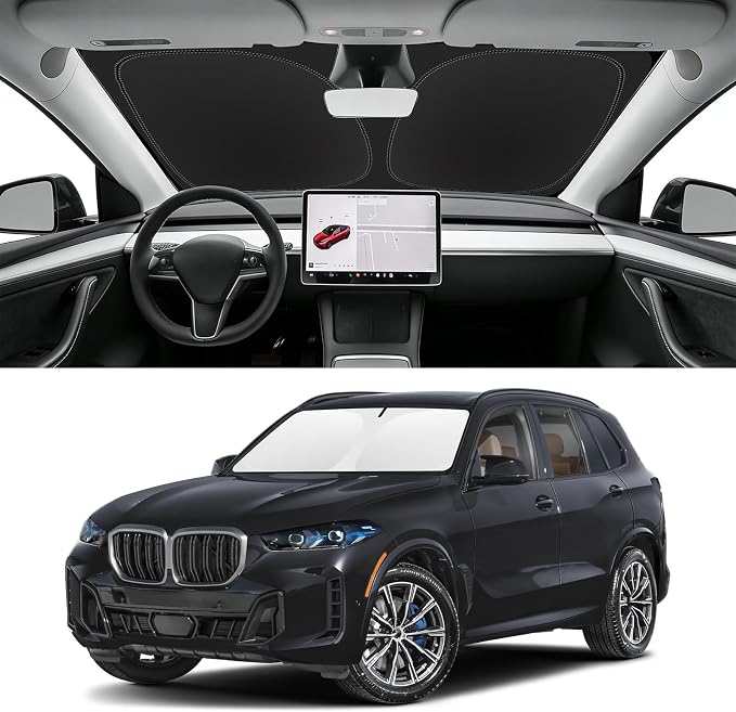 Custom Fit Windshield Sun Shade for BMW X5 2019-2026 | Blocks UV Rays and Sun Heat, Helps Reduce Interior Temperature, Protects Dashboard from Fading, Folds Easily for Storage by SLOGENTO