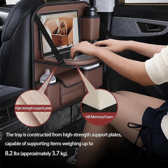 2 Pack Leather Car Backseat Organizer with Foldable Table Tray, Universal Car Seat Back Protector Kick Mat with Touchscreen Tablet Holder, Storage Pockets, Cup Holders & Tissue Holder, Brown - Image 6