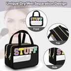 Clear Letter Makeup Bag, Black, L Size, Clear Bag | Large Capacity, Waterproof Easy Clean, Separate Wet Pocket, Holds Toiletries, Skincare, Sunscreen, Ideal for Beach, Travel - Image 4