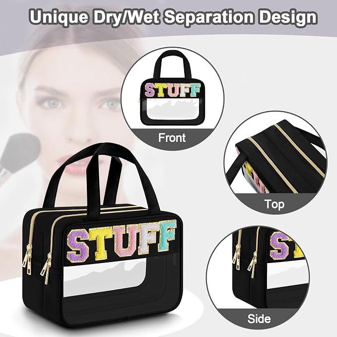Clear Letter Makeup Bag, Black, L Size, Clear Bag | Large Capacity, Waterproof Easy Clean, Separate Wet Pocket, Holds Toiletries, Skincare, Sunscreen, Ideal for Beach, Travel - Image 4