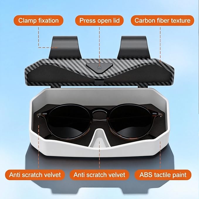 Sunglasses Holder for Car Visor, One-Handed Press to Open Car Glasses Case, Carbon Fiber Texture Visor Accessories Stability for Truck SUV Sedan, Anti-Scratch Velvet Interior (Grey White) - Image 6