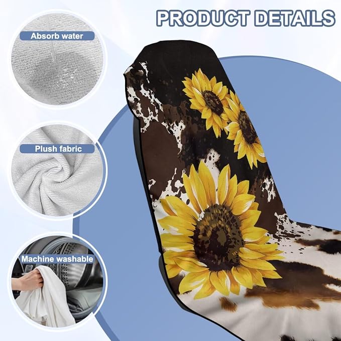 Sunflower Brown Cow Car Seat Cover Sweat Auto Seat Towel Cover for Front Seat Only with Storage Bag Sunflowers Cow Print Car Interior Accessories for Yoga Swimming Hiking Universal Towels - Image 6