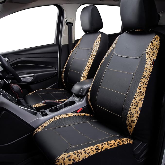 Flying Banner car seat Covers Protects Leopard Printing Velvet Faux Leather Carbon Fiber Front and Rear Bench (Leopard Brown Black, Full Set - 8PCS) - Image 2
