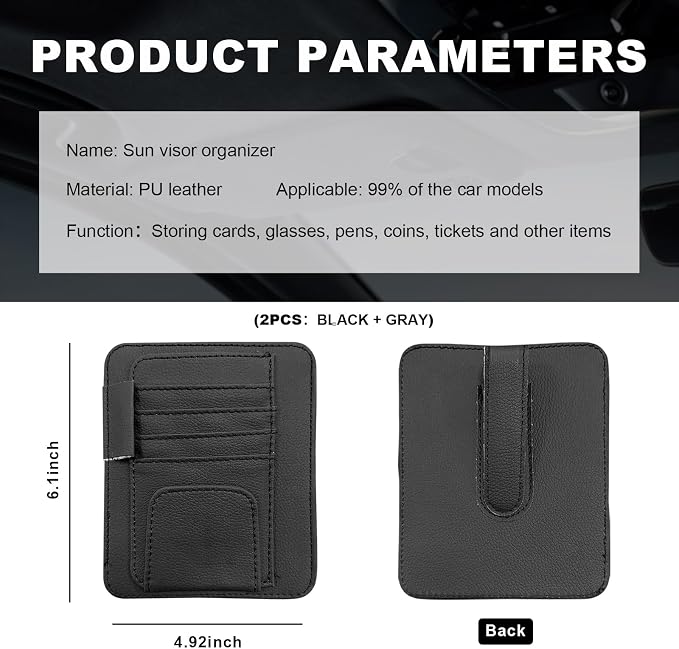 Dickno 2PCS Small Leather Car Sun Visor Organizer, Multifunctional Auto Visor Document Holder with Sunglasses Clip, Universal Car Interior Organizer for Drving License, Card, Pen (Black+Gray) - Image 2