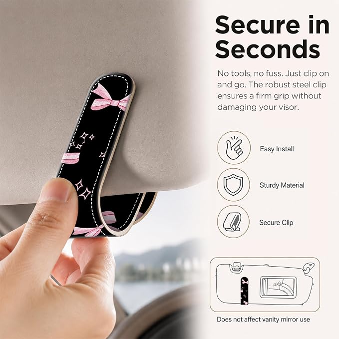 Sunglasses Holder for Car Visor, PU Leather Glasses Clip Organizer, Cute Magnetic Eyeglass Holder for Vehicle Sun Visor, Car Interior Accessory for Women & Men, Bow Hearts - Image 4