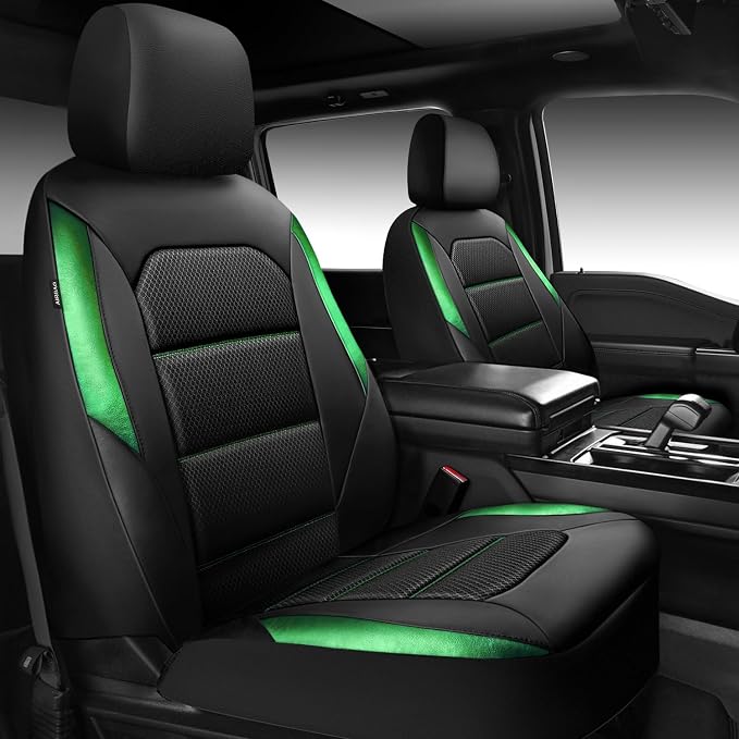 Car Pass Memory Foam Leather Seat Covers,Air Cool Mesh Thick Car Seat Covers Front Seat Green Leather Seat Covers for Cars Universal for SUVs Trucks,Airbag Compatible Comfort Durable,Black Green Metal by CARPASS