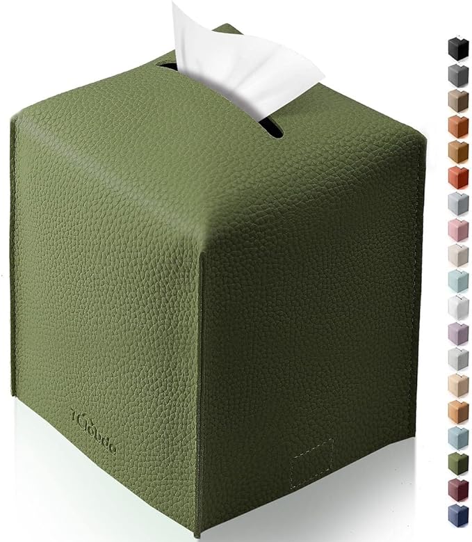 Tissue Box Cover for PU Leather, Modern Simple Solid Color Holder Square Tissue Bag, Ideal for Bathrooms,Office,Car,Nightstand,Outdoor Tent,Dining Table,5"X5"X5", Single Green by Tclouda