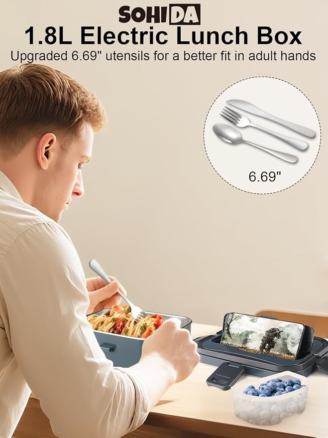 SOHIDA 1.8L+0.5L Heated Lunch Box for Men, 80W Electric Lunch Box with Long-handled Utensils for Adults, 12V/24V/110V Lonchera Eléctrica Portátil, Portable Food Warmer for Car/Truck/Office (Deep Blue) - Image 2