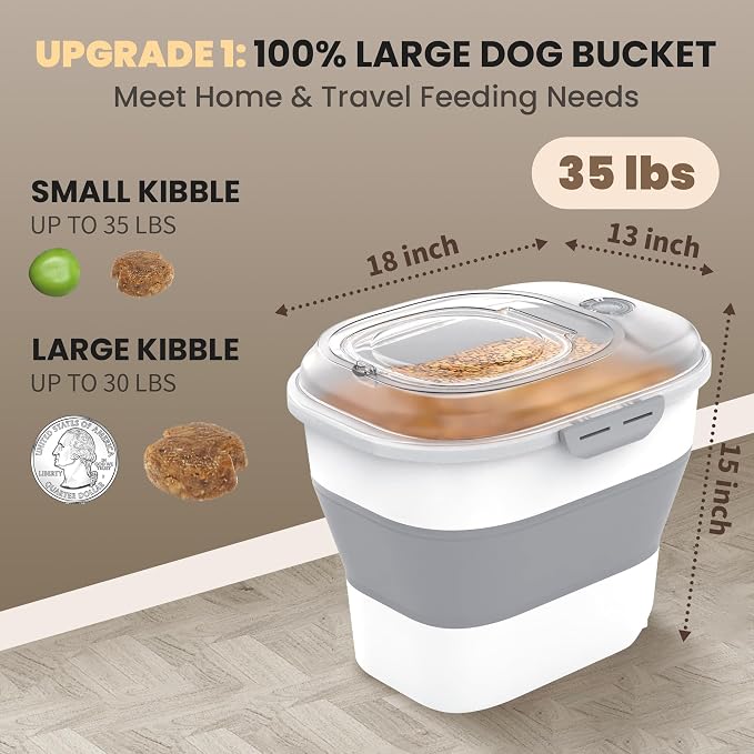 32-35 Lbs Dog Food Storage Container Wheels,Collapsible Dog Food Container | Pet Food Storage Container with Transparent Airtight Lid,Date Track,Keep Fresh for Rice,Flour,Sugar,Scoop and 2PCS Container - Image 2
