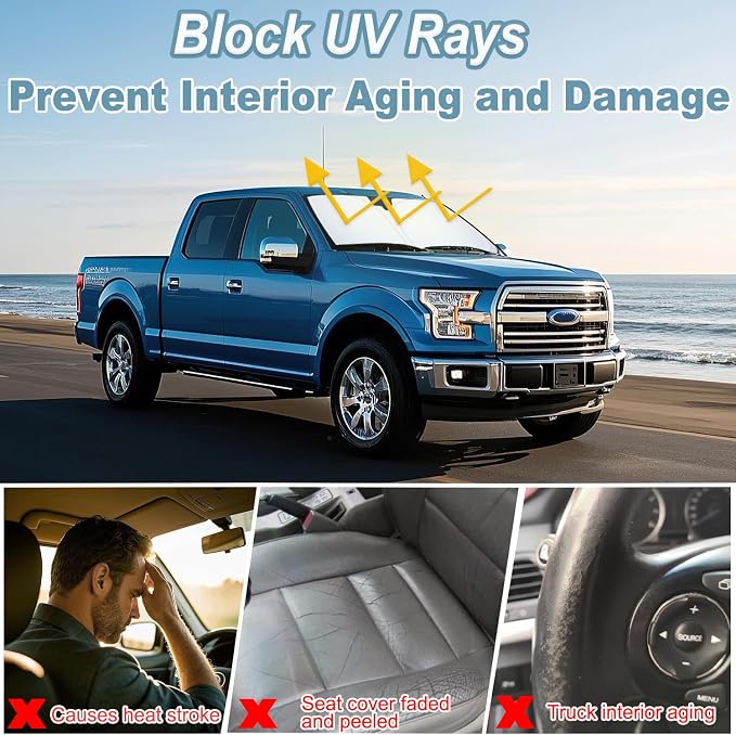 PIMCAR Windshield Sunshade for Ford F-150 2015-2020 | Premium 310T Reflective Polyester UV & Heat Blocker | Reduces Interior Temperature, Foldable with Storage Pouch - Image 5