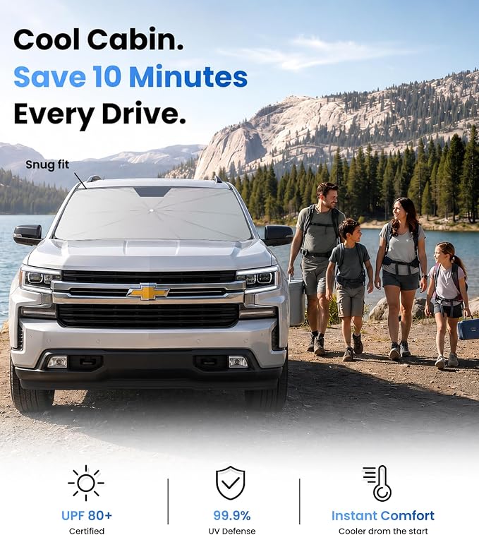 for Chevrolet Silverado 1500/2500 HD/3500 HD| Zanch Windshield Sun Shade Umbrella [99% UV Protection, Up to 75℉ Cooler] Custom Fit, Scratch-Free, Foldable Front Sunshade Umbrella, 2003-2026 - Image 2