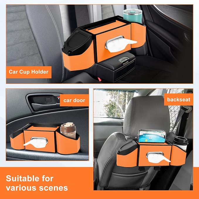 7-In-1 Car Seat Back Organizer with Cup Holders, Tissue Box, Garbage Can&Hooks, Multifunctional Headrest Storage Organizer, Headrest Cup Holder for Backseat, Car Accessories for Trips, Travels(Orange) - Image 7