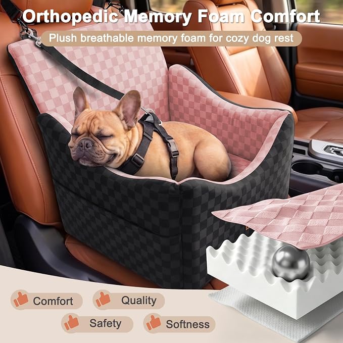 JOEJOY Elevated Dog Car Seat for Small/Medium Dogs up to 35 lbs, Memory Foam Booster Seat with Detachable Washable Cover, Travel-Safe Car Bed with Safety Belts & Storage Pockets, Pink - Image 3