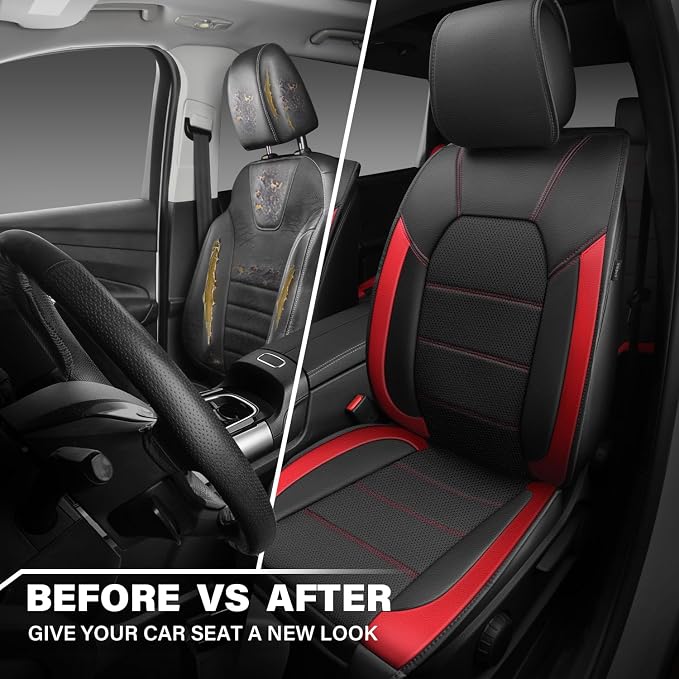 CAR PASS 5 Seats Leather Car Seat Covers, Sideless Car Seat Protectors with Storage Pocket, Water Resistance Seat Cover, Universal Fit Most Cars, SUVs, Trucks and Vans (Full Set,Black and Red) - Image 6