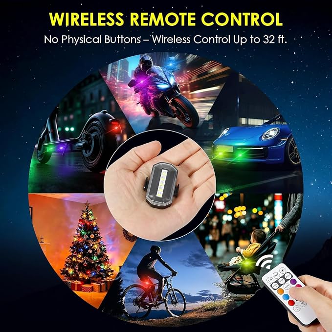 PIFOOG 4-Pack Wireless Strobe Lights for Car, Rechargeable LED Warning Lights with Remote Control, IP67 Waterproof, USB-C Fast Charging, 8 Colors, 3 Brightness Levels for Motorcycle, Bike & Scooter - Image 5