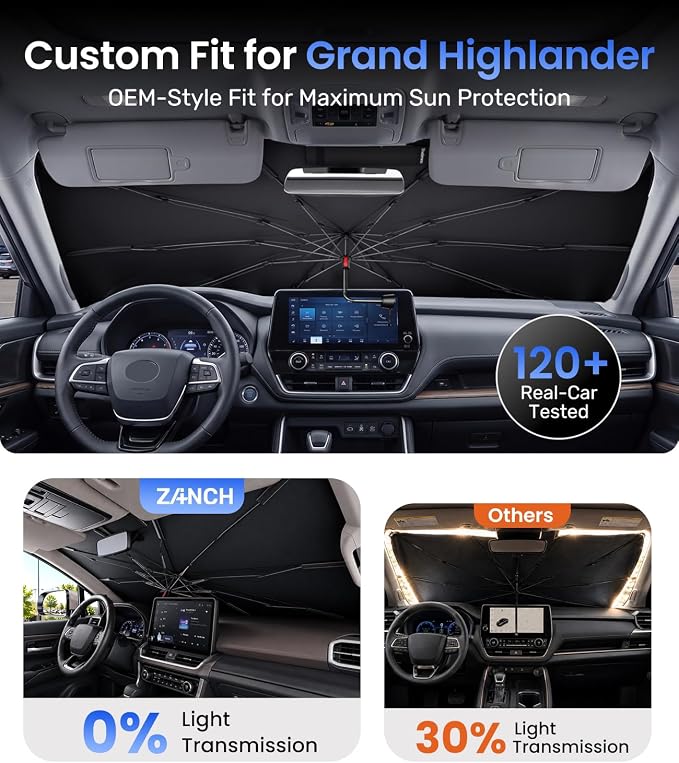Zanch Windshield Sun Shade Umbrella: Custom Fit for Toyota Grand Highlander & Highlander [Interior Protection, Up to 75℉ Cooler] Reflective Heat Shield, Scratch-Free, Foldable Front Sunshade Umbrella - Image 3