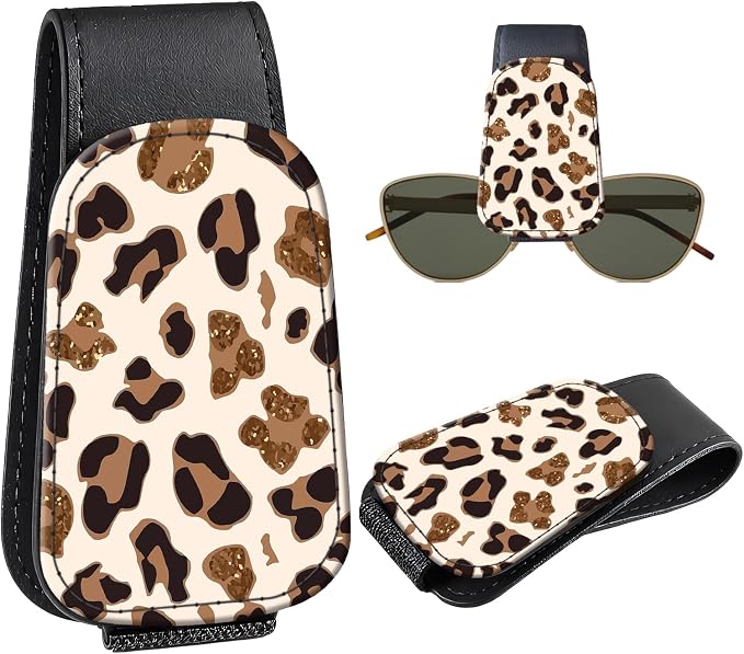 Leather Magnetic Sunglass Holder for Car Sun Visor, Cute Eyeglass Ticket Card Hanger Clip, Universal Auto Interior Accessories for SUV Pickup Truck, White Leopard by Unknown