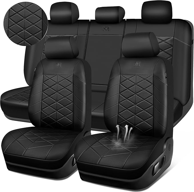 CAR PASS Memory Foam Leather Car Seat Covers Full Set, Breathable Perforated Nappa Leather Seat Covers Full Set, Comfort Universal Fit for Most SUV Truck Sedan, Airbag Compatible 5 Seats All Black by CARPASS