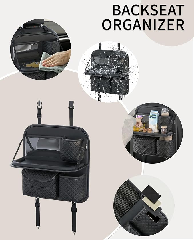 PU Leather Backseat Car Organizer with Foldable Tray & Tablet Holder Black | Luxury diamond stitching,anti-rattle design,universal vehicle compatibility,family road trip essential storage - Image 6