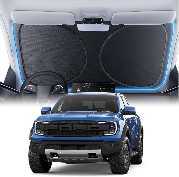 Windshield Sun Shade for Ford Ranger 2000-2026, 100% UV Block & Heat Insulation, Custom Fit Sunshade, Foldable Car Sunshade with Storage Bag, Summer Car Accessory by Amadaw