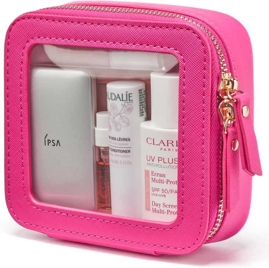 Mini Makeup Bag Clear Small Travel Cosmetic Case Leather Cute Hot Pink Pouch for Purse Organizer Make Up Bag for Women Car Toiletry Bag with Zipper for School by POPVIBE