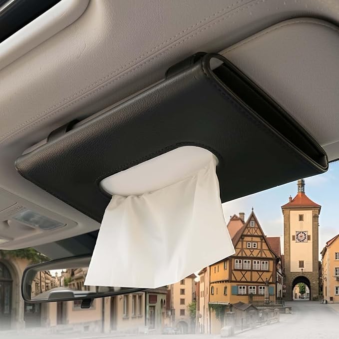 Car Tissue Holder, Car Sun Visor Napkin Box Beige | Premium PU Leather, Auto Napkin Case, Mask Holder for Vehicle, with Tissue Refill, Interior Accessories - Image 5