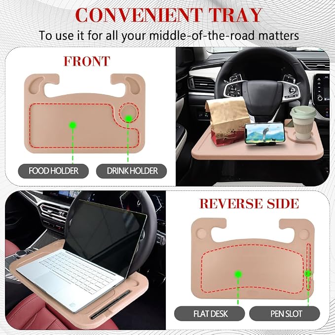 2 in 1 Car Steering Wheel Desk, Car Tray, Car Steering Wheel Desk Tray & Auto Seat Gap Filler Organizer, Multipurpose Travel Auto Steering Wheel Under Table Console for Most Vehicles (Beige) - Image 4
