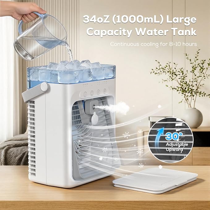 Portable Air Conditioners, Personal Evaporative Air Cooler, 3-Speed Small AC Fan, 8H Auto-off, Mini Air Conditioner, Cooling Fan for Car, Desktop, Camping, Bedroom, Office (Gray) - Image 5