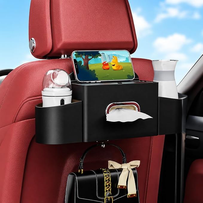 Back Seat Car Organizer with One Towel Leather Wood Materials (Black) | Tissue Box, 2 Drink Cup Holder, Phone Holder, Hook, Compatible with Most Vehicles by Unknown