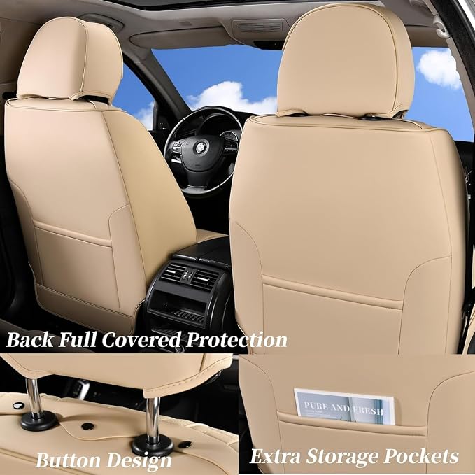 Coverado Car Seat Covers Full Set, Leather Seat Coversfor Cars, Front and Back Seat Covers, Waterproof Car Seat Protectors Car Seat Cushions Universal for Most Vehicles, Beige - Image 3