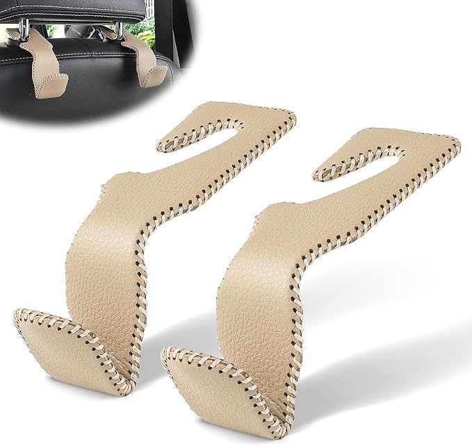LivTee Beige Superior Leather Car Seat Back Headrest Hook, Auto Seat Hook Hangers Interior Accessories for Purse Coats Umbrellas Grocery Bags Handbag, 2-Pack by LivTee