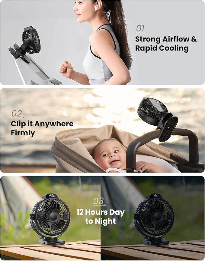 Koonie Portable Clip On Fan, Small Rechargeable Battery Operated, 3 Speeds | Mini Clamp Fan With LED Display, 360° Rotate Personal Cooling Desk Fan for Stroller Bed Travel Camping Golf Gym - Image 2
