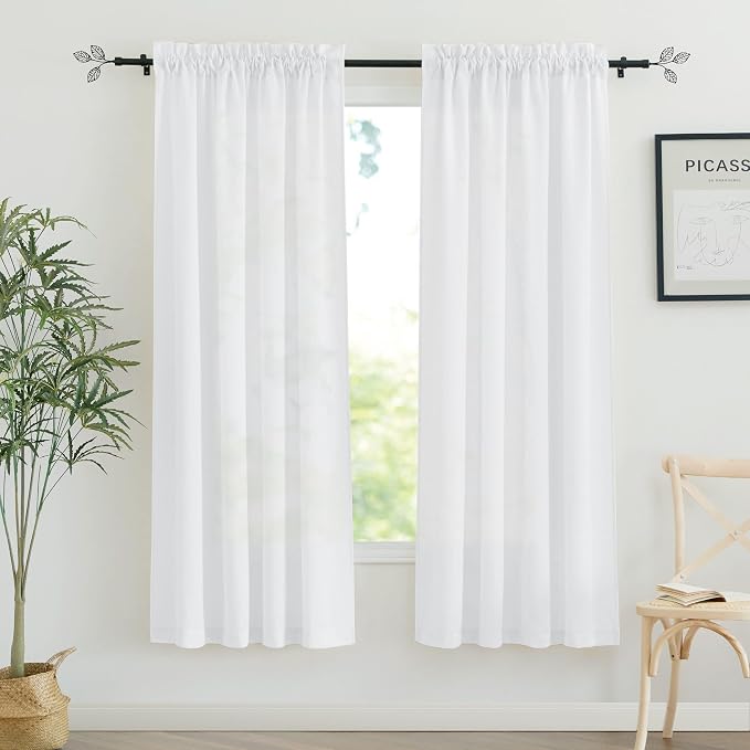 RYB HOME Linen Sheer Curtains 2 Panels for Living Room, Semi Transparent Privacy Drapes with Rod Pocket Farmhouse Style Window Treatments for Bedroom, White, 52" W x 72" L by RYBHOME