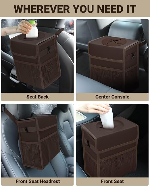 Capolo Car Trash Can with Lid, Leakproof Car Garbage Can Car Trash Bag | Waterproof, Trash Can for Car, 3 Mesh Pockets, Mini Hanging Vehicle Car Trash Bin, for Back/Front Seat (Brown,2.5 Gal) - Image 6